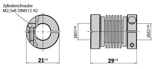 imensional drawings and order information Couplings Bellows coupling, max. shaft offset radial ±.3 mm, axial.