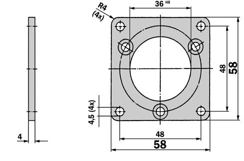 Adaption BEF-FA-3-REC 2292 To mm square mounting plate eneral tolerances according to IN IO 278-mk Adaptor flange of aluminium for face mount flange, spigot 3 mm Part no.