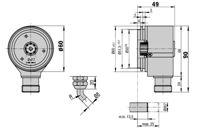Incremental Encoder 5, blind hollow shaft Number of lines to, imensional drawing blind hollow shaft Incremental Encoder Collets for shaft diameter, 8,,, 2 mm and 3/8" Connector or cable outlet