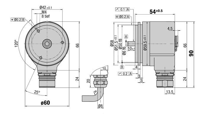 DRS/DRS, servo flange up to 8,2 Dimensional drawing servo flange radial Connector or cable outlet Protection class up to IP s TTL and HTL Zero-Pulse-Teach via pressing a