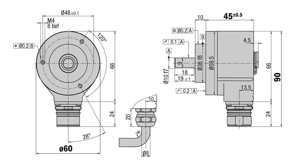 Incremental Encoder DRS0/DRS, face mount flange up to 8,92 Dimensional drawing face mount flange radial Incremental Encoder Connector or cable outlet Protection class up to IP Electrical