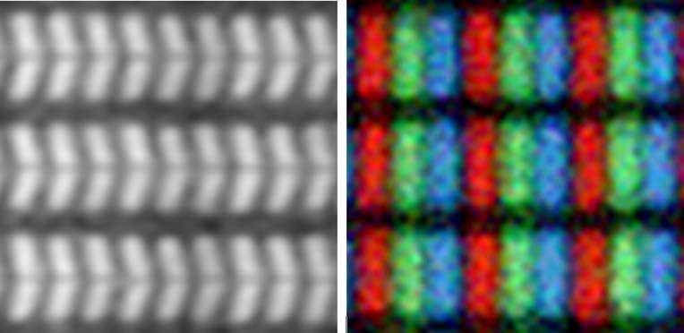 196 FETTERLY ET AL. Fig 2. 33 pixel area of a grayscale (left) and color (right) LCD. cy of 10% may suffice.