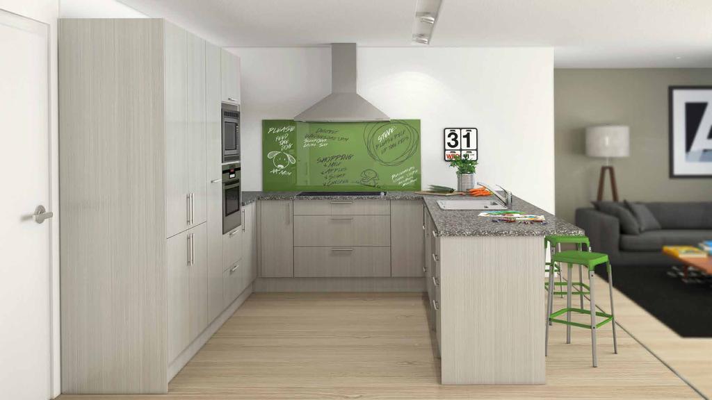 ESSENTIAL U-SHAPED KITCHEN CABINET COLOUR Melteca Silver Strata BENCHTOP COLOUR Formica Flint Crystal Cabinetry pre-assembled Ready for installation 9,432 PRICE INCLUDES Formica 36mm benchtop,