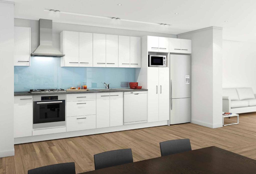 ESSENTIAL LINE KITCHEN CABINET COLOUR Melteca Warm White BENCHTOP COLOUR Formica Flinders Black Cabinetry pre-assembled Ready for installation 4,110 PRICE INCLUDES Formica 36mm benchtop, cabinets,