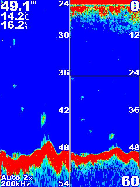Depth, temperature, and speed Understanding The Split Zoom Screen Use the Split Zoom screen to view the full sonar data from the graph and a zoomed in portion on the same screen.