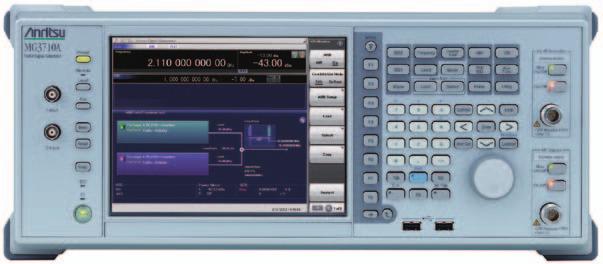 The MG3710A is a vector signal generator with 6-GHz upper frequency limit and 120-MHz wide RF modulation baseband generator.