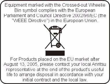 CE Conformity Marking Anritsu affixes the CE Conformity marking onto its conforming products in accordance with Council Directives of The Council Of The European Communities in order to indicate that