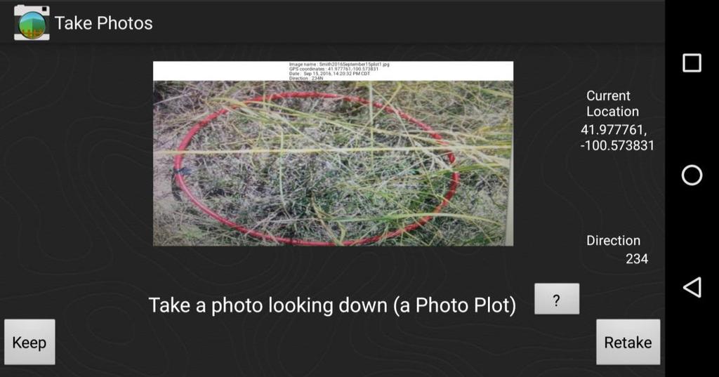 In the upper left hand corner, the number of plot pictures remaining will help you keep track of how many plot pictures you have taken. A total of six pictures can be saved in Grass Snap.