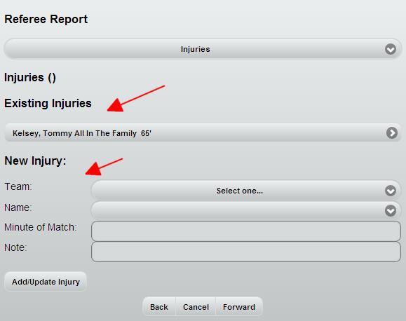 and a short note. Select the Add/Update Injury button. A new row will appear under the Existing Injuries tag.