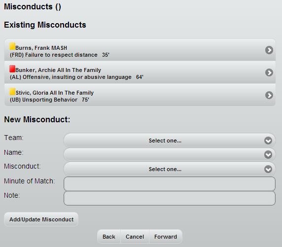 The misconduct page is shown below. It is similar to the Injury page.