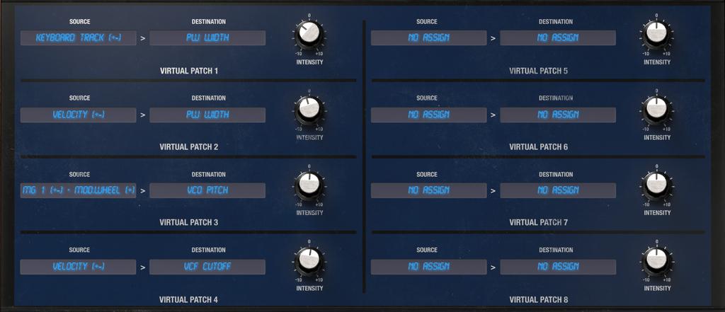 VIRTUAL PATCH Virtual patch is a function that lets you assign modulation sources as MG, EG, velocity, keyboard track to a variety of parameters.