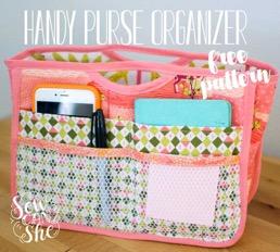 Handy Purse Organizer by Caroline Fairbanks-Critchfield www.sewcanshe.com This is a great little organizer. There are 13 pockets - 6 mesh, 6 fabric, and one interior zipper pocket.
