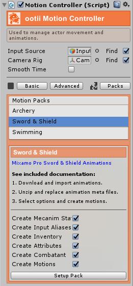 Motion Packs The Motion Controller UI has changed slightly and now includes a button for Packs. When the Packs button is pressed, the Motion Packs imported into the project will be listed.