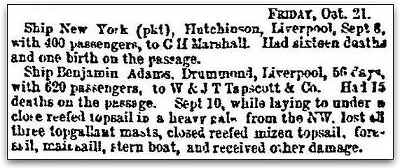 article that the Benjamin Adams arrived on 21 October 1853. They made it. This Was a Tough Trip Source: GenealogyBank.