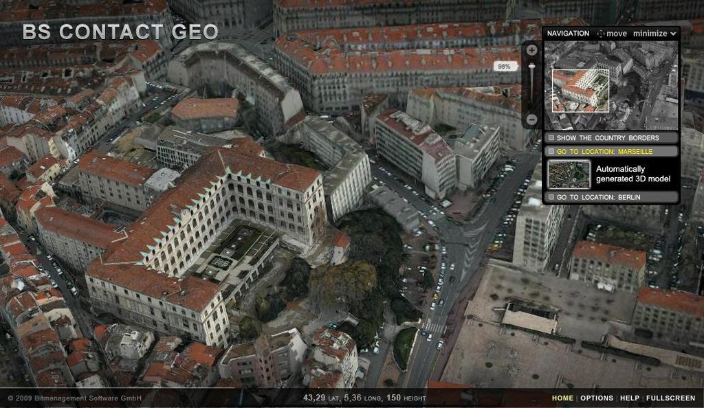 3D cities realtime view Technology: Complete cities can be mapped in 3D automatically by flyover and visualized in realtime with BS Contact
