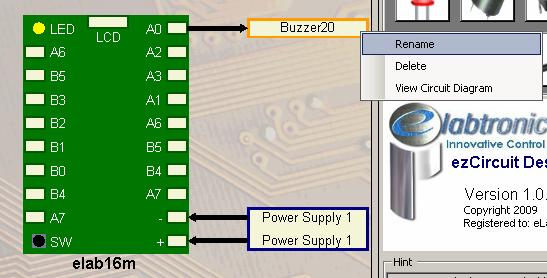 In the chip selection window click on elab16m in the model column and click OK. Click OK on the confirmation window. e. Select Buzzer in the Circuit Groups menu and click pin A0.