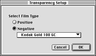 6 From the Source pop-up menu, choose Transparency. 7 In the dialog box that appears, select the type of film you are scanning. Choose the negative film you re using from this pop-up menu.