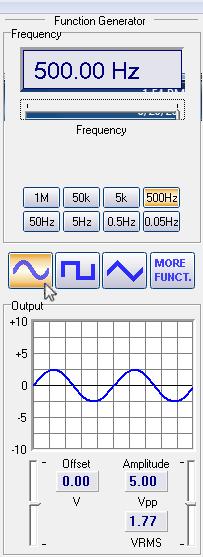 Sinusoidal Output After you click the button with the sine, a plot of a sinusoidal signal will appear in the Output graph.