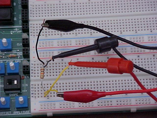 Connecting the Arbitrary Function Generator After connecting the probe leads to the Generator output, insert wires into the breadboard and clip the probe cable leads to the