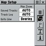 The Setup Map option displays the five Map Setup Pages, each accessed by an on-screen button. A list of options displays for the features listed.