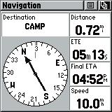 Navigation Page Main Page Destination (Waypoint) Name Straight Line Distance to the Destination Bearing Pointer Times to Destination Selectable Data Fields Compass Ring The Navigation Page provides