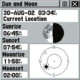 Main Menu Page Sun and Moon / Hunt and Fish Sun and Moon Page Hunt and Fish Page Sun and Moon This feature provides you with a graphic display of both sun and moon positioning for a certain date,