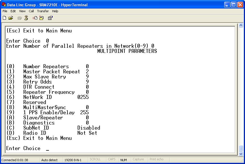 Main Menu Option (5): Edit Multi-Point Parameters Figure 5: Multi-Point Parameters Shown above are example settings. Please refer to supplied configuration sheets for your modem s configuration.