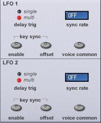 LFOs Extras Low Frequency Oscillators (LFOs) DELAY TRIG select LEDs When the Voice mode is set to any of the Mono options (see Page 60), different LFO delay settings are available for legato playing