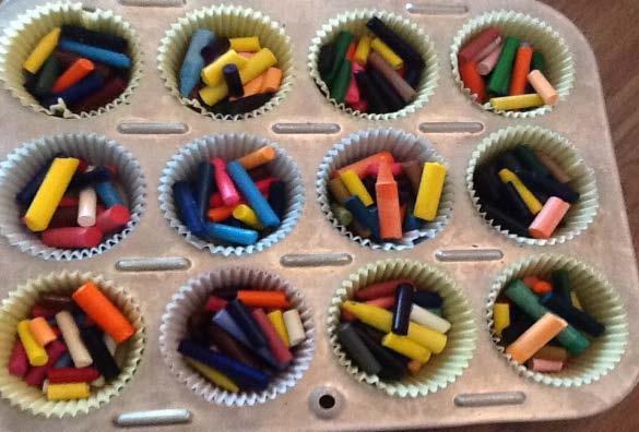 then drop water or spray water onto the filter to watch the colors merge together. Target: creativity Rainbow Crayons Line a muffin tin with muffin liners.