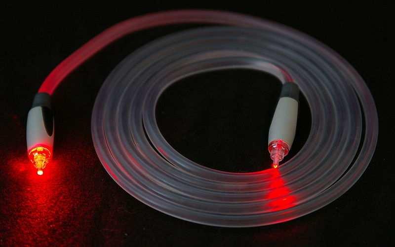 Figure 2: A TOSLINK fiber optic audio cable being illuminated on one end Single-mode fiber: Fiber with a core diameter less than about ten times the wavelength of the propagating light cannot be
