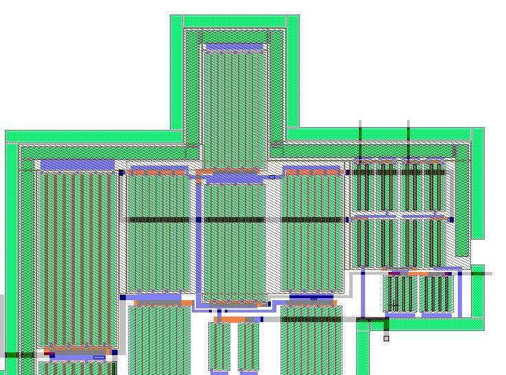 Figure 4.16 Full-AB op-amp closer look. Layouts should be close to a square figure as possible. This helps optimize area in a chip hence, allowing more circuits in less area. Obviously Figure 4.