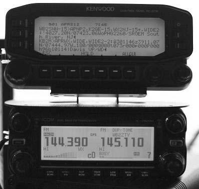 to the APRS 144.39 channel. The display to the right has the D710 display showing the Packet Monitor display just to show that it is receiving APRS packets on the left side of the radio.