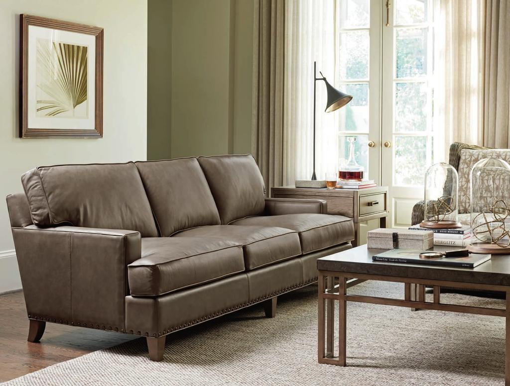 The Hughes leather series includes a track arm sofa, matching chair and ottoman.