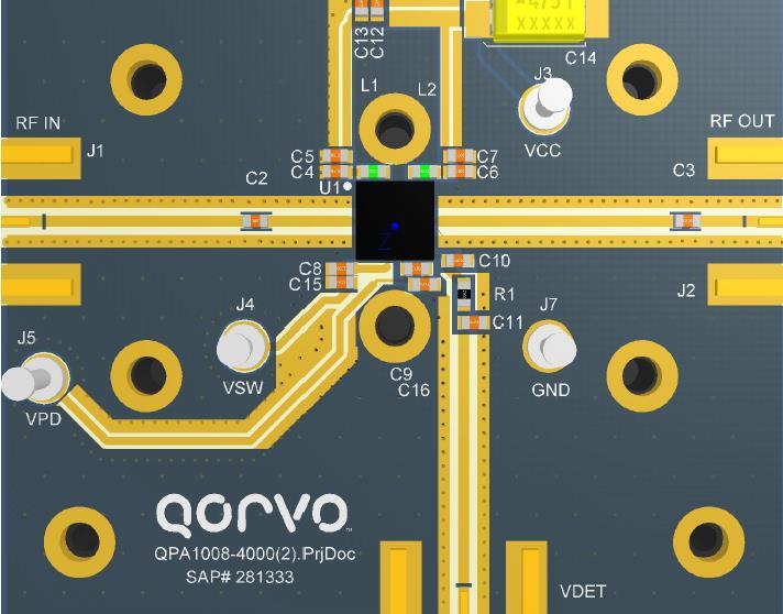 QPA8 Evaluation Board Qorvo PCB Material and Stack-Up Notes: If operating near PSAT, db (>3W) attenuation pad is recommended at the output of the device to protect test equipment.