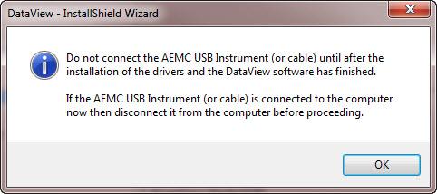 13. If the instrument selected for installation requires the use of a USB port, a warning box will appear, similar to below. Click OK. NOTE: The installation of the drivers may take a few moments.