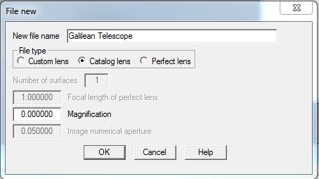 Tutorial example: creating a Galilean telescope from catalog lenses Start a new lens,