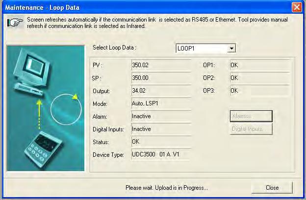 Select Loop Data from the Maintenance Data menu. The Loop Data screen allows you to see the current status of each process loop. OP1, 2 and 3 windows indicate the status of the current outputs.