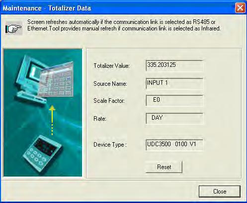The Totalizer screen shows the current values of the Totalizer.
