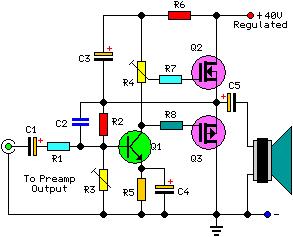 30 Watt Audio Power Amplifier Including Preamp, Tone Controls, Reg dc Power Supply, 18 Watt into 8 Ohm - 30W into 4 Ohm loads Amplifier Section Circuit diagram: Audio Power Amplifier Circuit Diagram
