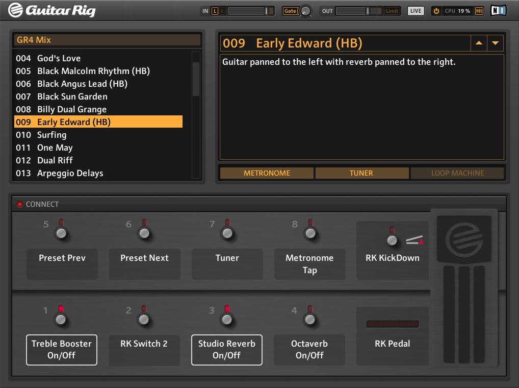 User Interface Live View 2.2 Live View GUITAR RIG Live View Clicking on the LIVE button in the Global Header or pressing [F1] switches from the Standard view to the Live view.