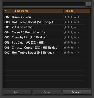 Working with Presets The Preset Browser Preset List and Ratings The Rating system is very helpful for keeping order in your growing archive: Give your presets a quality rating from 1-5 stars by