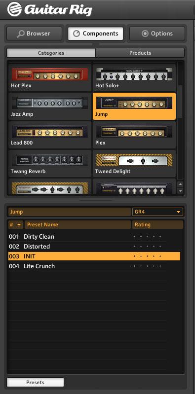 Working with Presets Component Presets The Component Pool, showing the Amplifiers section The entries of this list have settings that are already adjusted to create a particular sound.