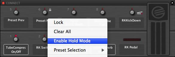 In GUITAR RIG 5, each controller input can be set to work in Hold mode via its context menu to reflect this difference.