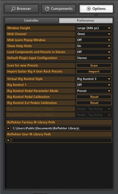 Options Preferences The Preferences Menu It offers the following settings: Window Height: Use this control to set the height of the GUITAR RIG 5 window. You can choose among Small, Medium or Large.