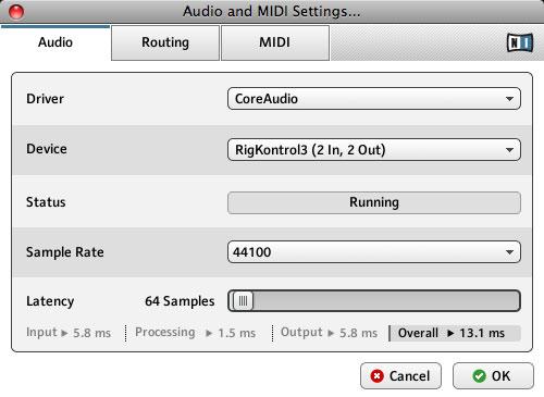 Audio and MIDI Settings Audio 10 Audio and MIDI Settings This section explains how to configure GUITAR RIG s Audio and MIDI Settings. 10.1 Audio The Audio and MIDI Settings dialog.