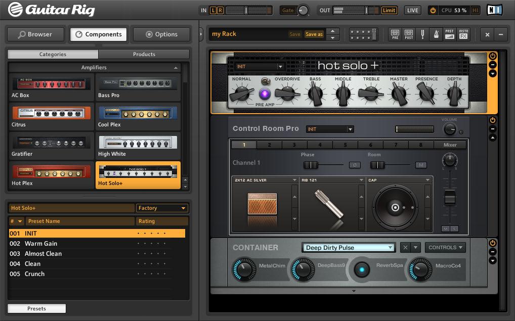 User Interface Global Header 2 User Interface Learn everything about the GUITAR RIG 5 user interface in the following sections. The user interface of GUITAR RIG in Standard View 2.