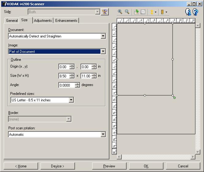 Size tab Document allows you to select how the scanner will detect your document as it is being fed through the scanner.