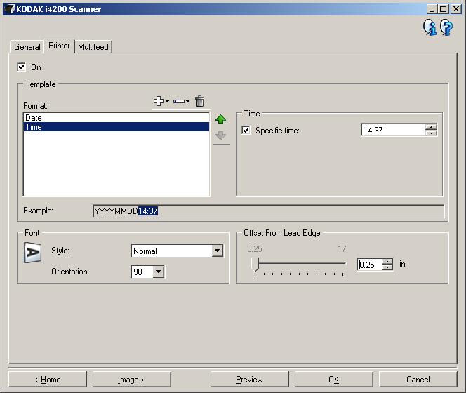 Device - Printer tab The Enhanced Printer provides a vertical print capability and supports alphanumeric characters, date, time, document count and a custom message.