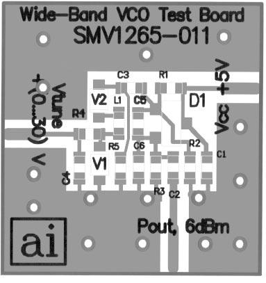 VCO Design Materials, Layout, and Performance Figure 7 shows the VCO circuit diagram. V TUNE 3 k 300 p 5.6 nh 560 p 320 x 30 mils SMV1265-011 3 k SMV1265-011 9.1 k 3.3 k NE68519 1 p 1.62 p Figure 7.