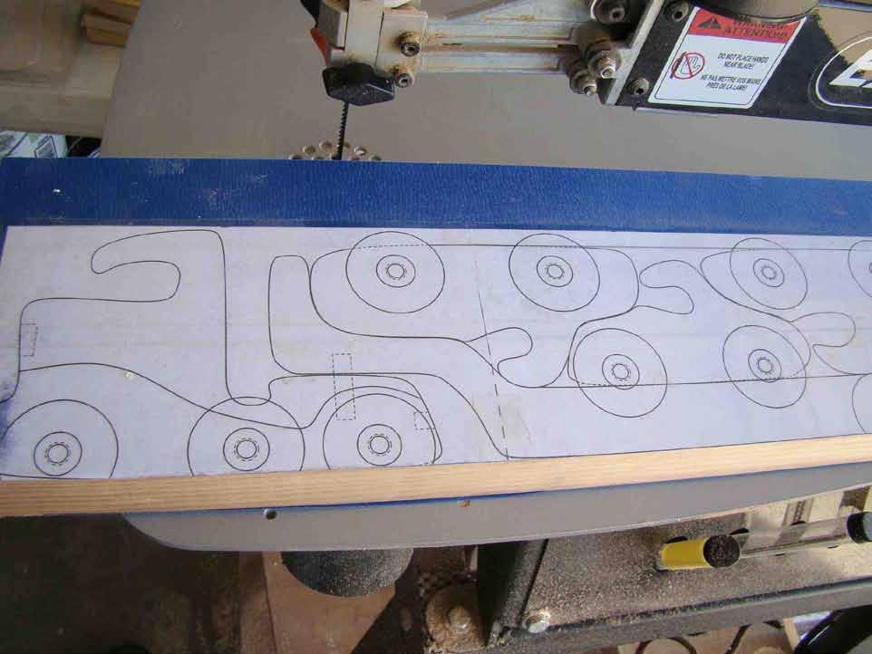 I cover the pattern side Step 4: This photo shows the sticky pattern applied Step 5: The wood blank is ready to cut out.